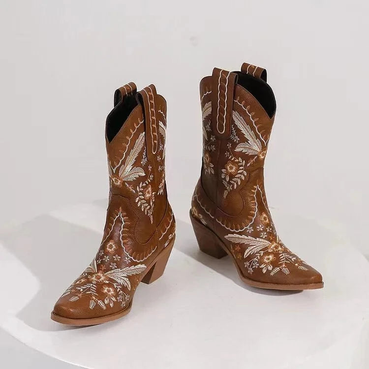 women cowboy boots Chunky Wood Heel Leather Wide Calf Cowboy Luxury Women Boots