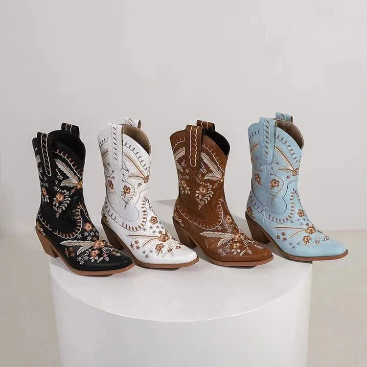 women cowboy boots Chunky Wood Heel Leather Wide Calf Cowboy Luxury Women Boots