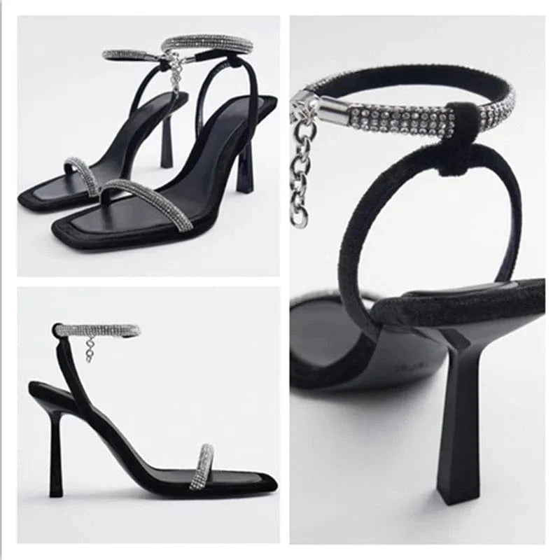Women Crystal Strap Ankle Strap High Heeled Sandals New Fashion T-strap Peep Toe Thin Heels Sexy Sandals Shoes For Dating Night