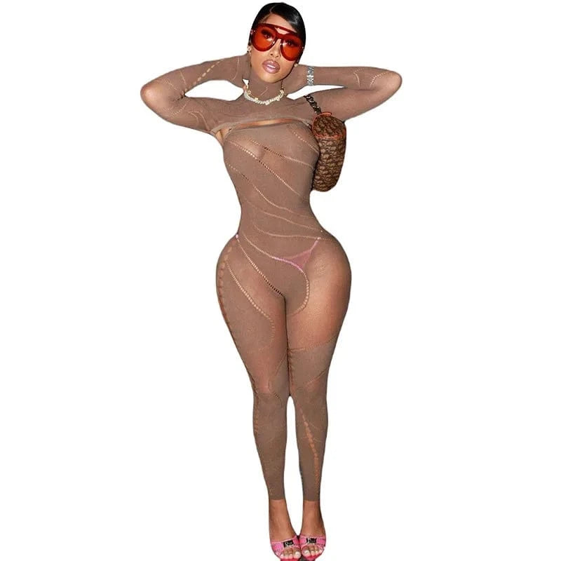 Women Cut Out Long Sleeve See Through Slimming Bodysuits Knit Sexy Ladies Transparent Bodycon One Piece Jumpsuits With Hooded