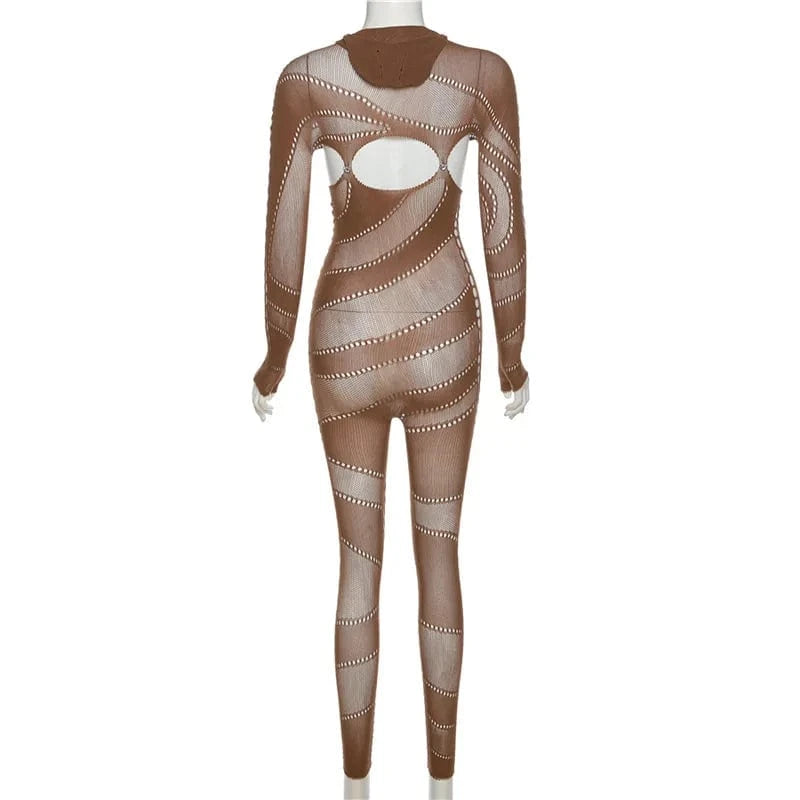Women Cut Out Long Sleeve See Through Slimming Bodysuits Knit Sexy Ladies Transparent Bodycon One Piece Jumpsuits With Hooded