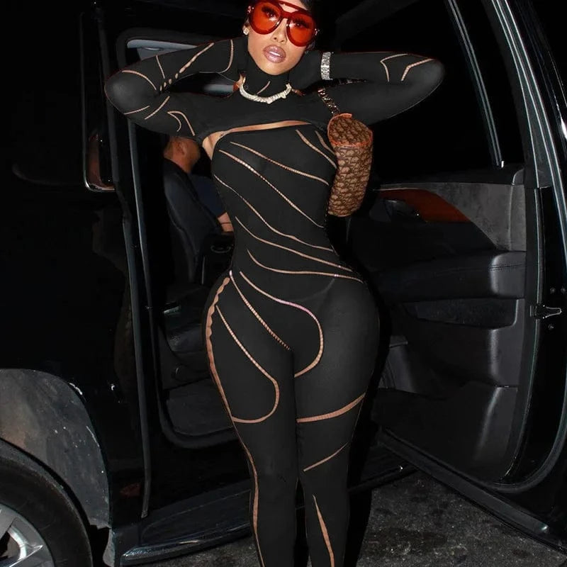 Women Cut Out Long Sleeve See Through Slimming Bodysuits Knit Sexy Ladies Transparent Bodycon One Piece Jumpsuits With Hooded