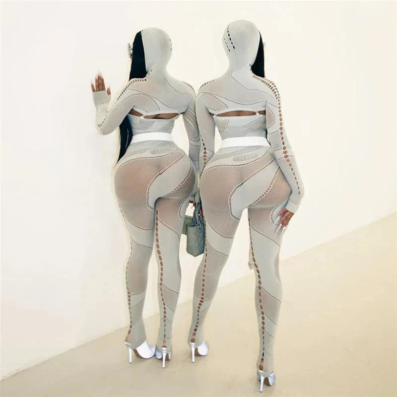 Women Cut Out Long Sleeve See Through Slimming Bodysuits Knit Sexy Ladies Transparent Bodycon One Piece Jumpsuits With Hooded