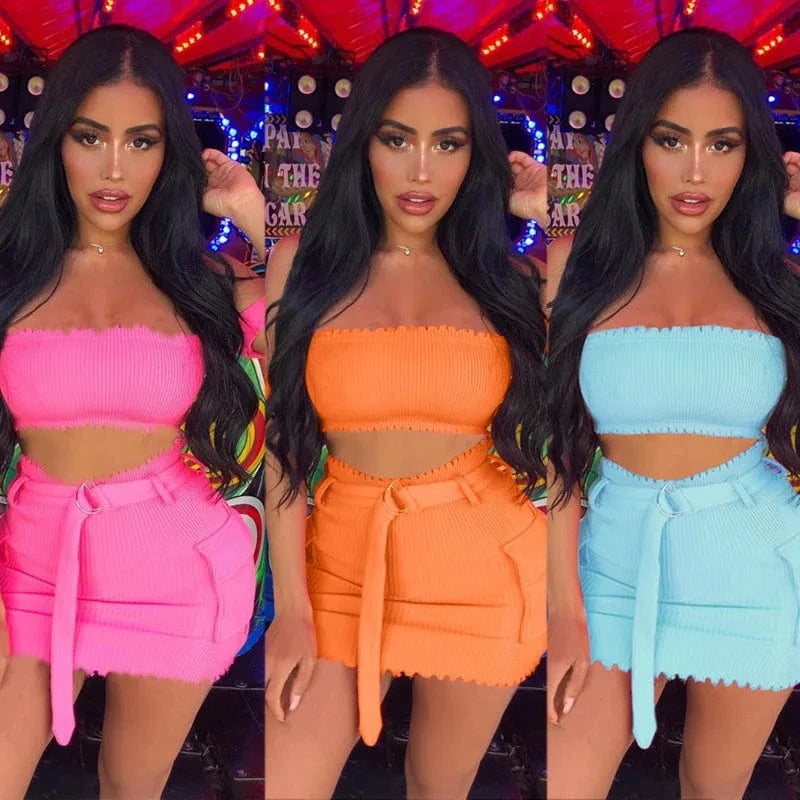 Women Cute Fashion Two Piece Sets Girl's Fashion Suits off Shoulder Crop Matching Mini Dress Outfit Sets Summer Clothing Sexy