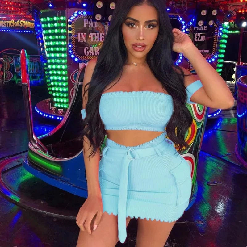 Women Cute Fashion Two Piece Sets Girl's Fashion Suits off Shoulder Crop Matching Mini Dress Outfit Sets Summer Clothing Sexy