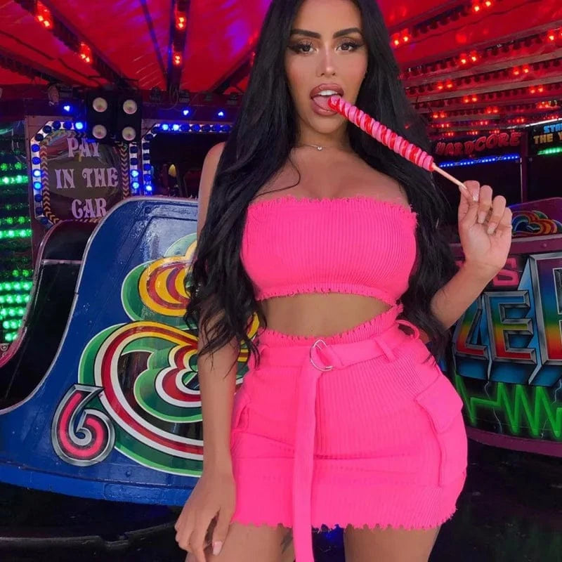 Women Cute Fashion Two Piece Sets Girl's Fashion Suits off Shoulder Crop Matching Mini Dress Outfit Sets Summer Clothing Sexy