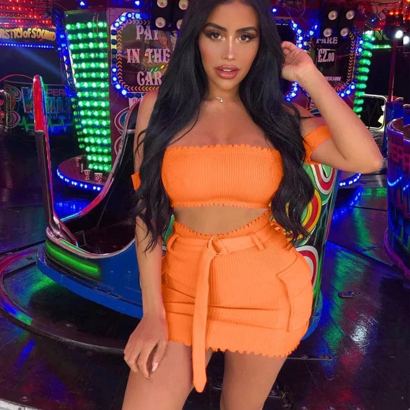 Women Cute Fashion Two Piece Sets Girl's Fashion Suits off Shoulder Crop Matching Mini Dress Outfit Sets Summer Clothing Sexy