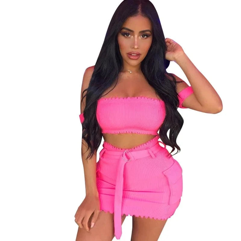 Women Cute Fashion Two Piece Sets Girl's Fashion Suits off Shoulder Crop Matching Mini Dress Outfit Sets Summer Clothing Sexy