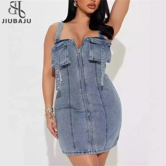 Women Denim Bodycon Cargo Strap Mini Dress 2024 Summer Street Night Club Pockets Chic Dresses