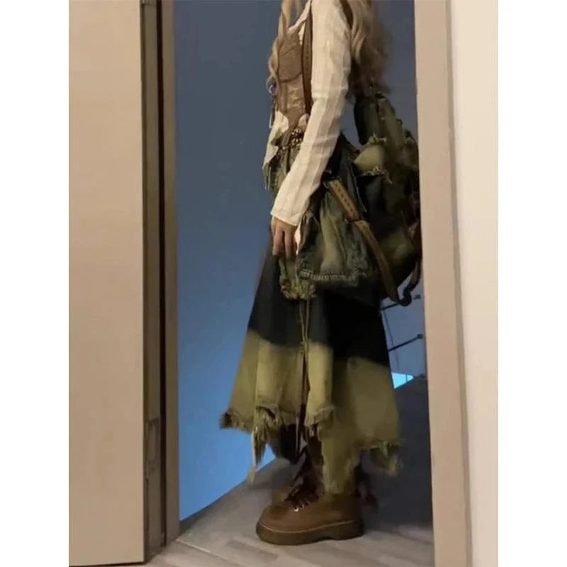 Women Denim Long Skirt Harajuku Y2k 2000s Vintage Skirts 90s Aesthetic Streetwear Fashion Korean Style A-Line Jean Skirt Clothes