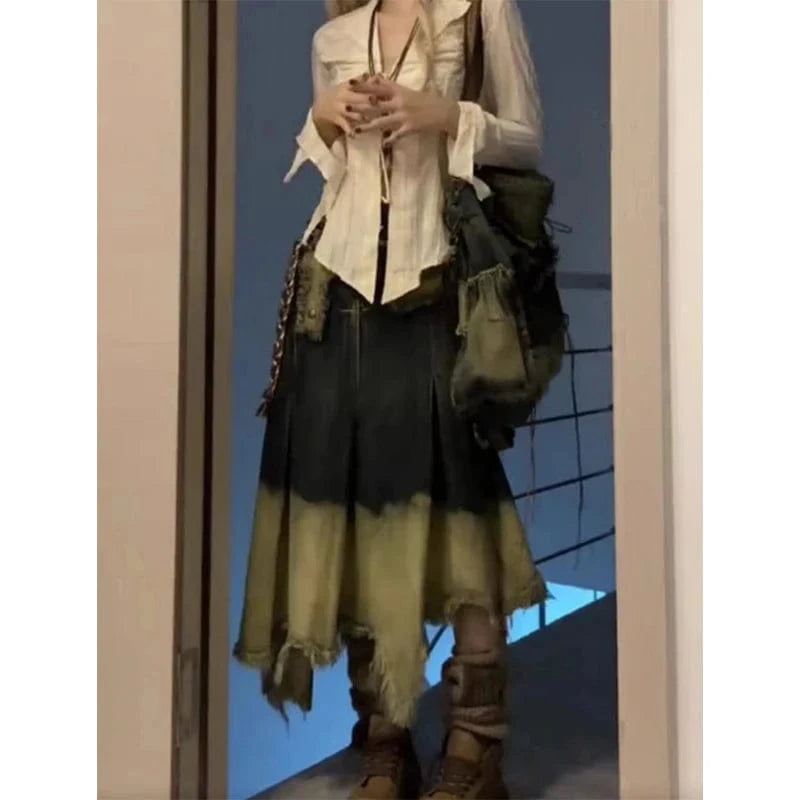 Women Denim Long Skirt Harajuku Y2k 2000s Vintage Skirts 90s Aesthetic Streetwear Fashion Korean Style A-Line Jean Skirt Clothes
