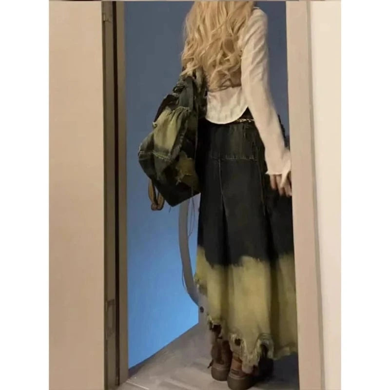 Women Denim Long Skirt Harajuku Y2k 2000s Vintage Skirts 90s Aesthetic Streetwear Fashion Korean Style A-Line Jean Skirt Clothes