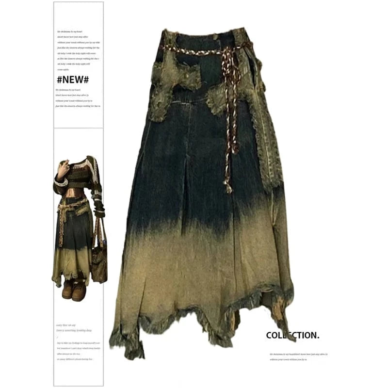 Women Denim Long Skirt Harajuku Y2k 2000s Vintage Skirts 90s Aesthetic Streetwear Fashion Korean Style A-Line Jean Skirt Clothes