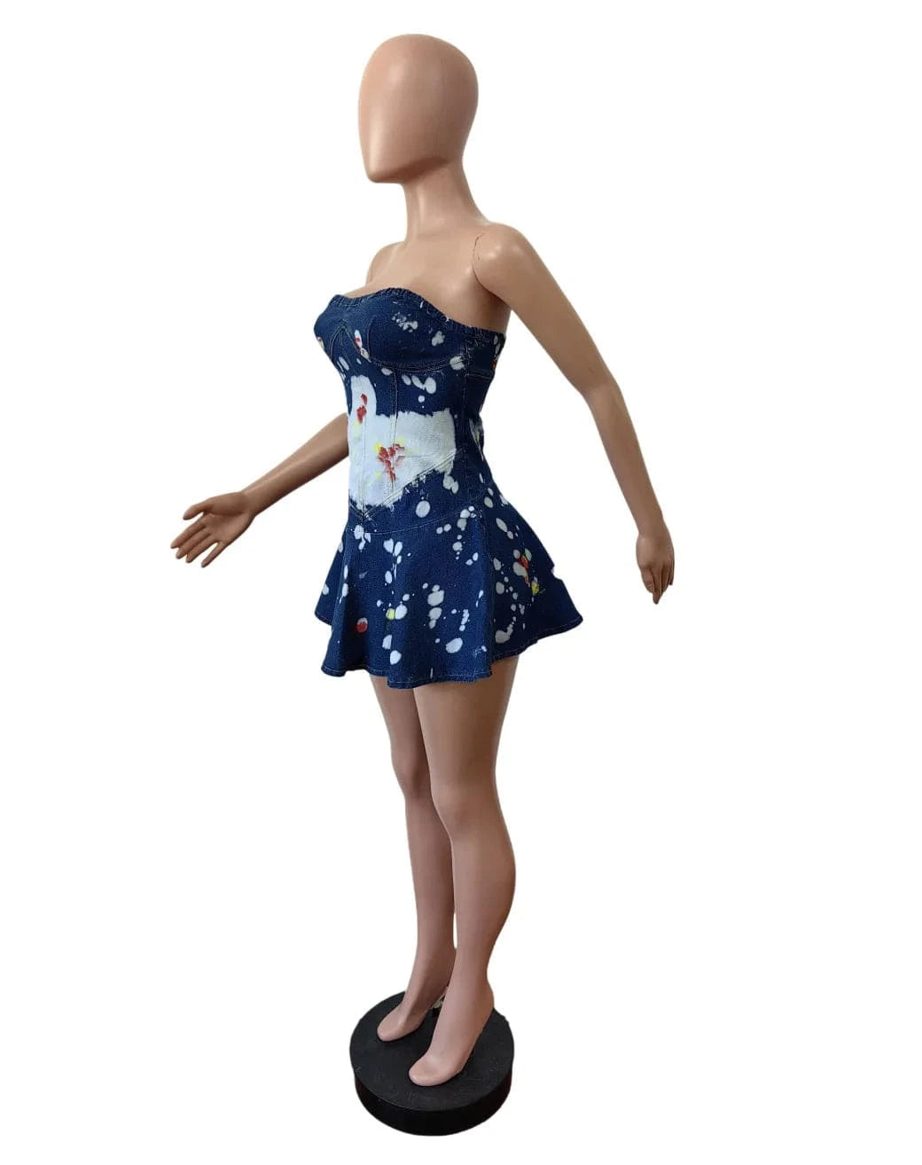 Women Denim Printed Strapless Stretch Ruffle Dress