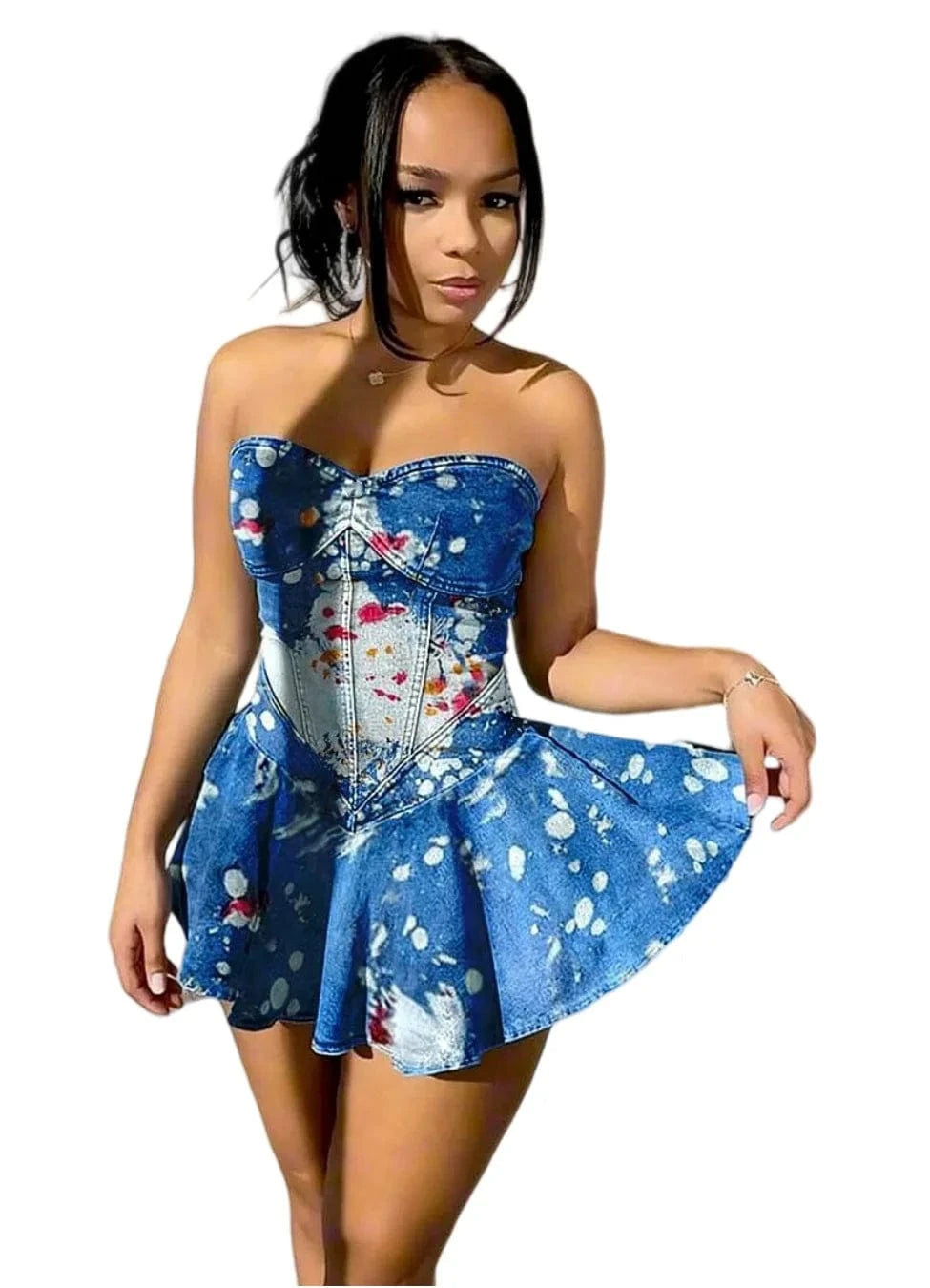 Women Denim Printed Strapless Stretch Ruffle Dress