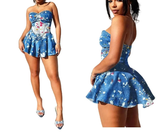 Women Denim Printed Strapless Stretch Ruffle Dress