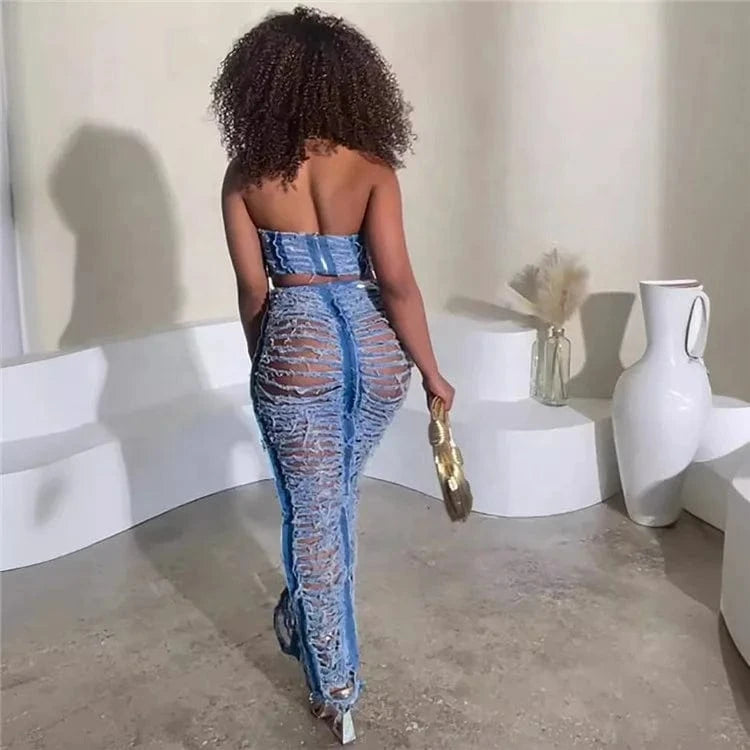 Women Denim Sets Ripped Hollow Out Strapless Crop Top and Long Skirts Suits Summer Two 2 Piece Sets Outfits