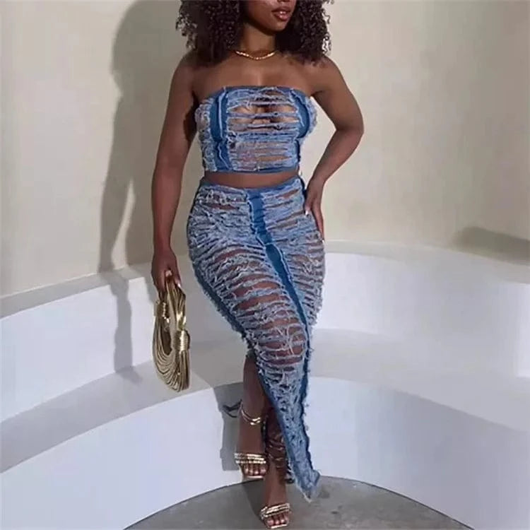 Women Denim Sets Ripped Hollow Out Strapless Crop Top and Long Skirts Suits Summer Two 2 Piece Sets Outfits