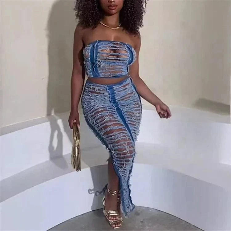 Women Denim Sets Ripped Hollow Out Strapless Crop Top and Long Skirts Suits Summer Two 2 Piece Sets Outfits
