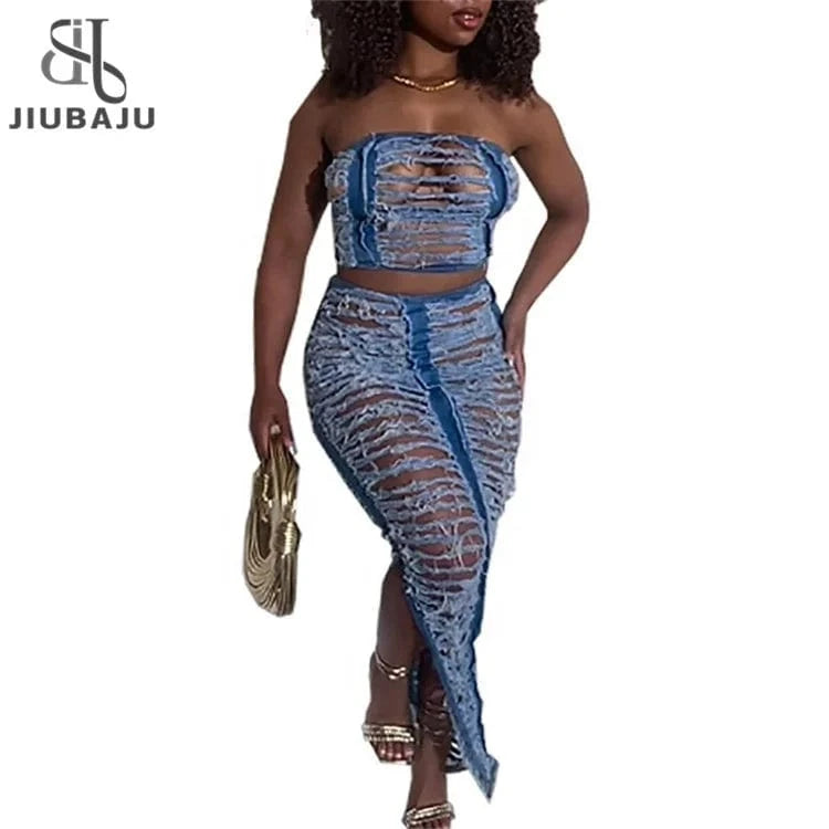 Women Denim Sets Ripped Hollow Out Strapless Crop Top and Long Skirts Suits Summer Two 2 Piece Sets Outfits