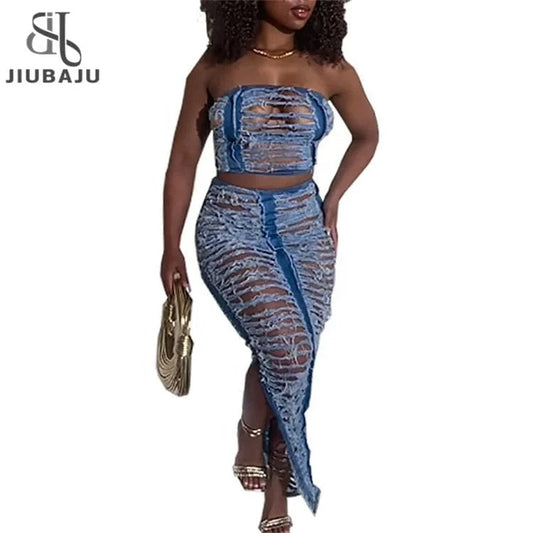 Women Denim Sets Ripped Hollow Out Strapless Crop Top and Long Skirts Suits Summer Two 2 Piece Sets Outfits