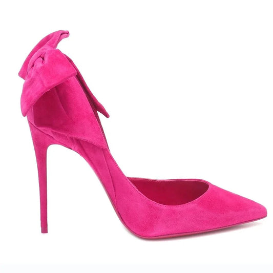 Women Designer Shoes Hot Pink Suede Bow Pointed Toe Stiletto Heels Bridal Shoes For Ladies And Women Heel's Pumps