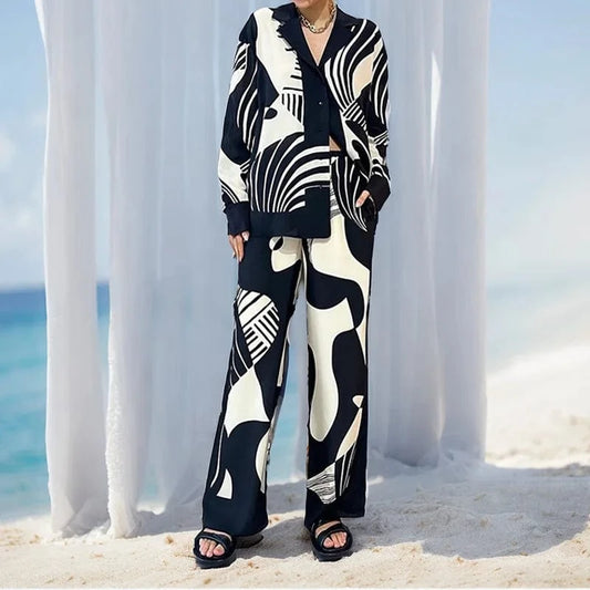 Women Digital Print 2 Piece Set Chic Lapel Long Sleeved Blouse Top Loose Straight Leg Pants Suit Fashion Streetwear Outfits 2024