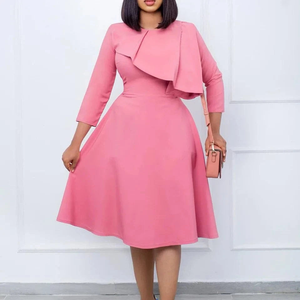 Women Dress A Line Ruffles Elegant Office Ladies Classy Modest Work Wear Pink Navy Female Autumn Summer Robes Vestidos Outfits