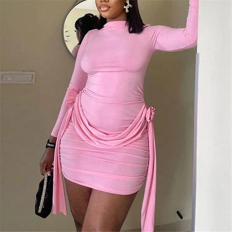 Women Dress Fashion Autumn Solid Color Round Neck Pullover Elegant Long Sleeve Lace up Floral Lady Party Hip Dresses