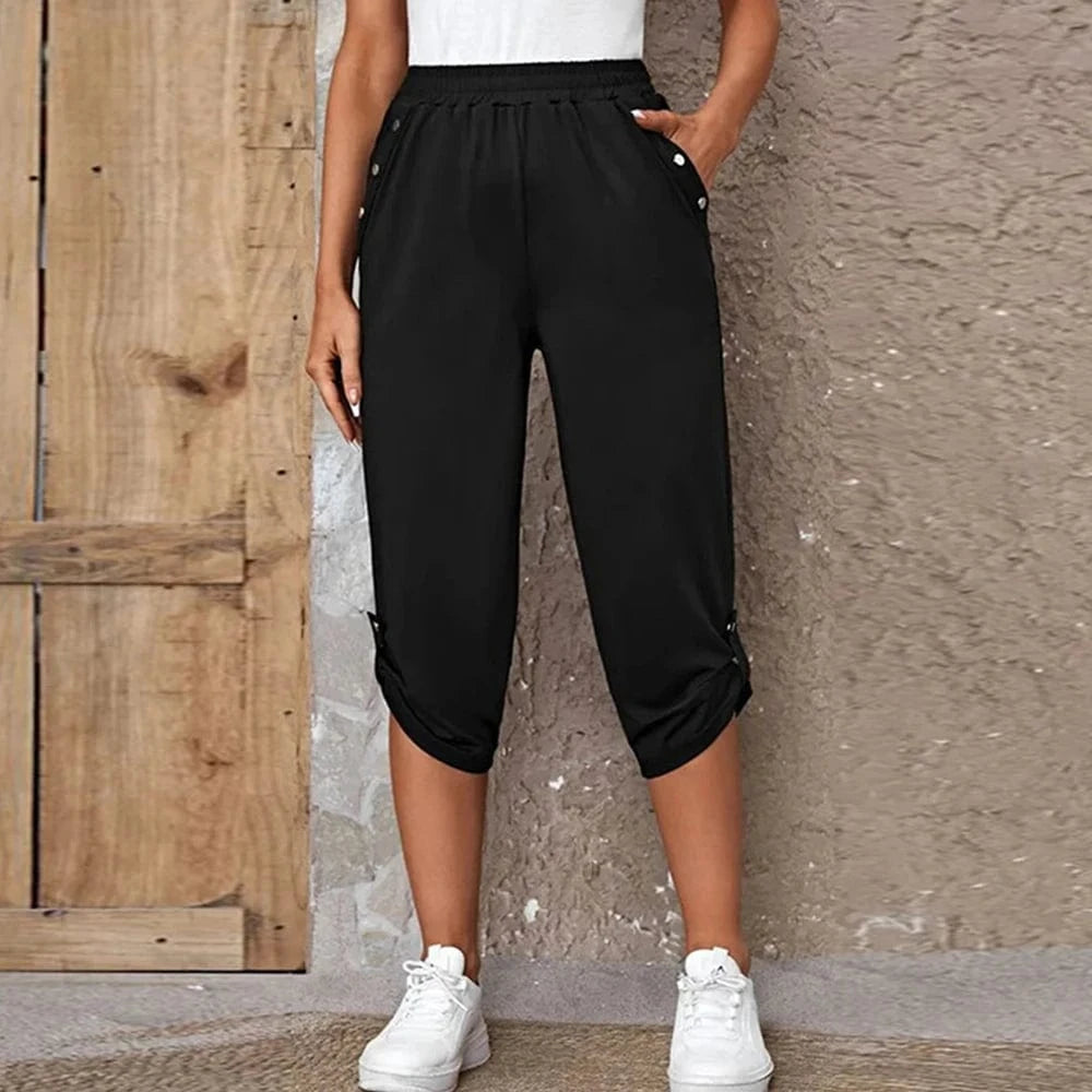 Women Elastic Waist Pants Summer Solid Color Casual Trousers Bottom Elegant Fashion Office Lady Loose Cropped Pants S-3XL
