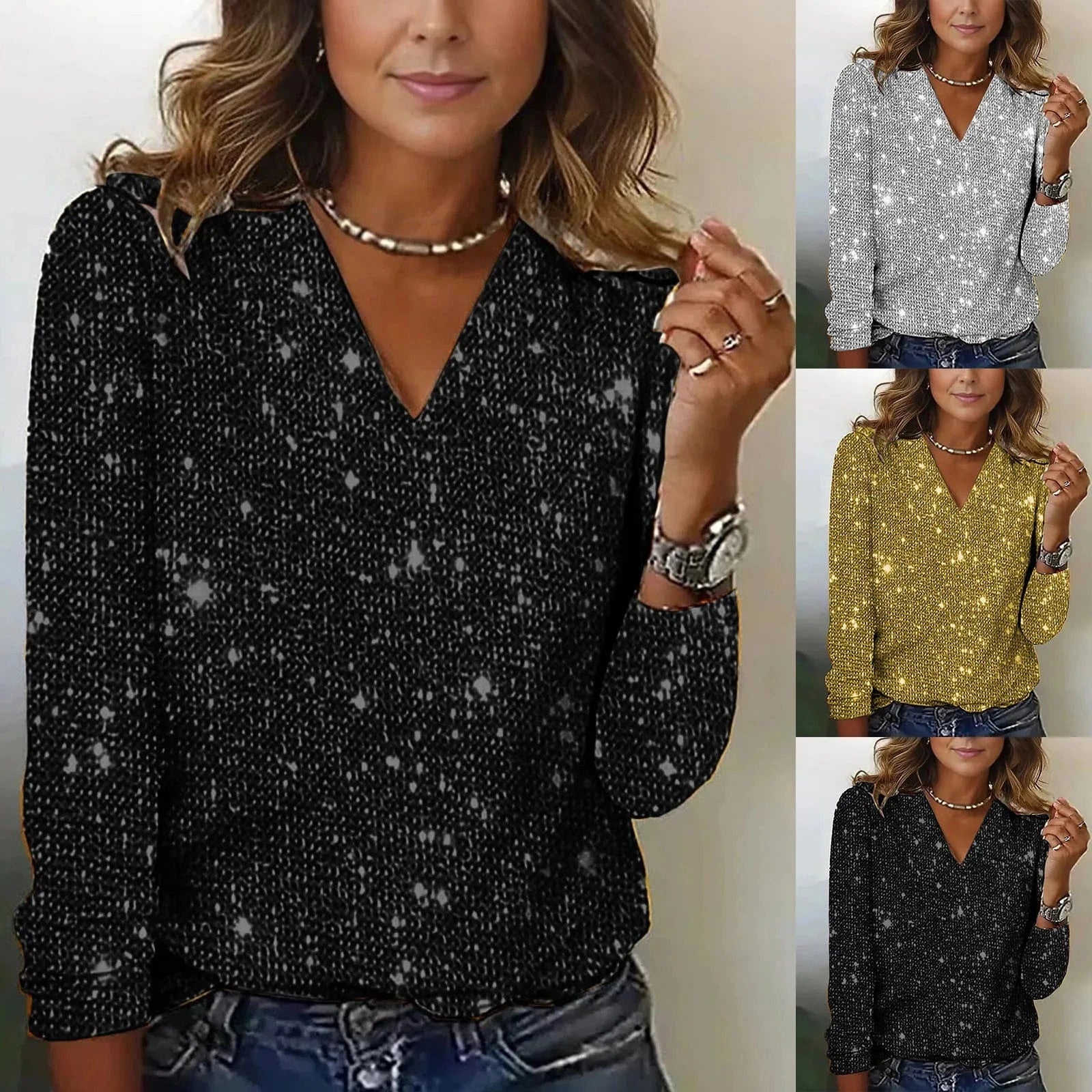 Women Elegant Sequined V Neck Elegant Solid Color Long Sleeved Top  V-Neck Long Sleeve Shining Sequins Decoration Blouse Tops