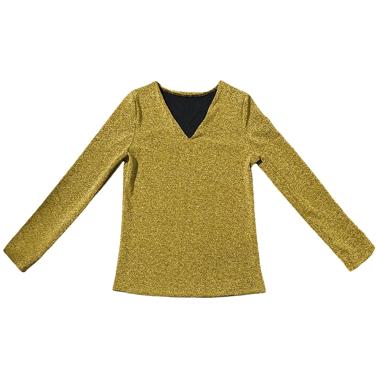 Women Elegant Sequined V Neck Elegant Solid Color Long Sleeved Top  V-Neck Long Sleeve Shining Sequins Decoration Blouse Tops