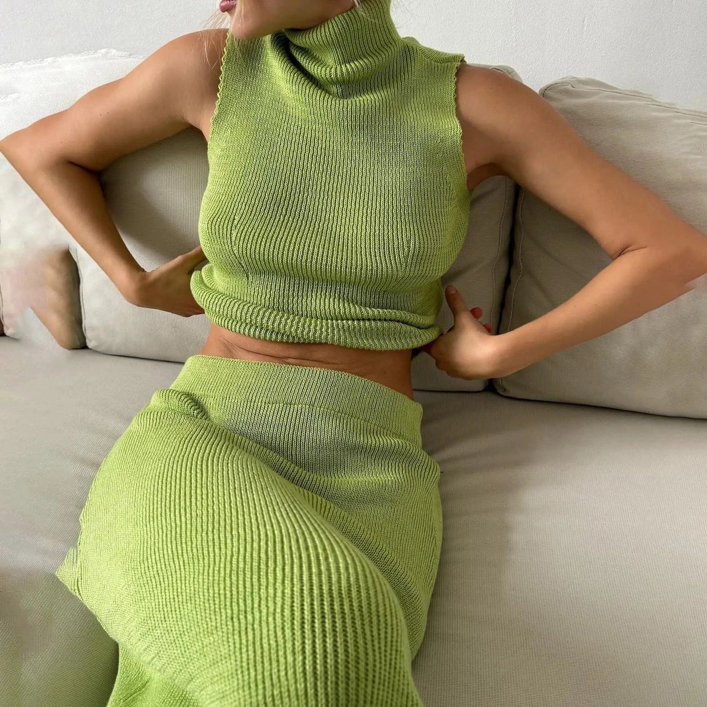 Women Elegant Slim Sleeveless Pullover Top High Waist Skirts 2 Pieces Set Knitted Turtleneck Vest Skirt Suit Autumn 2025