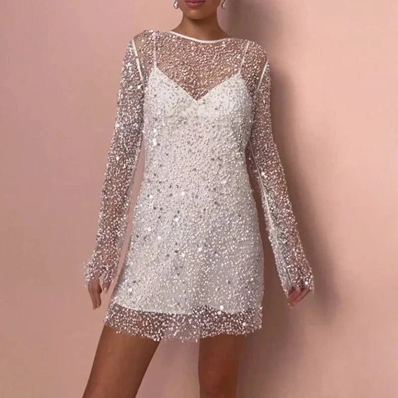 Women Elegant Splicing Solid Versatile Dress Chic O-Neck Sequins Hollow Dress Fashion Suspender Party Temperament Mini Dresses