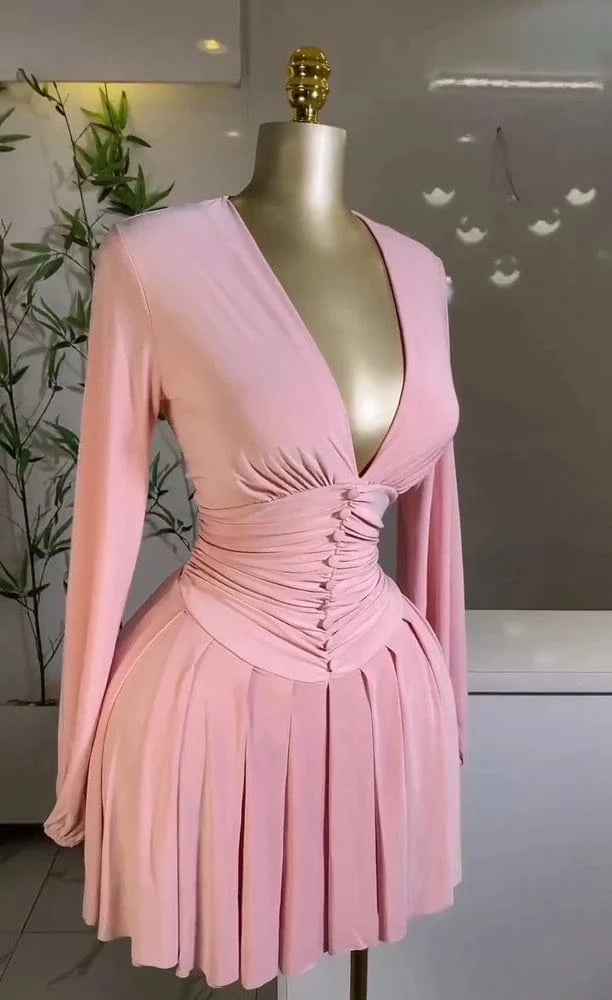 Women Elegant V-Neck Long Sleeve Pleated Dress 2025 Buttons Tunic Waist Sexy Evening Party Luxury Casual Short A Line Dresses