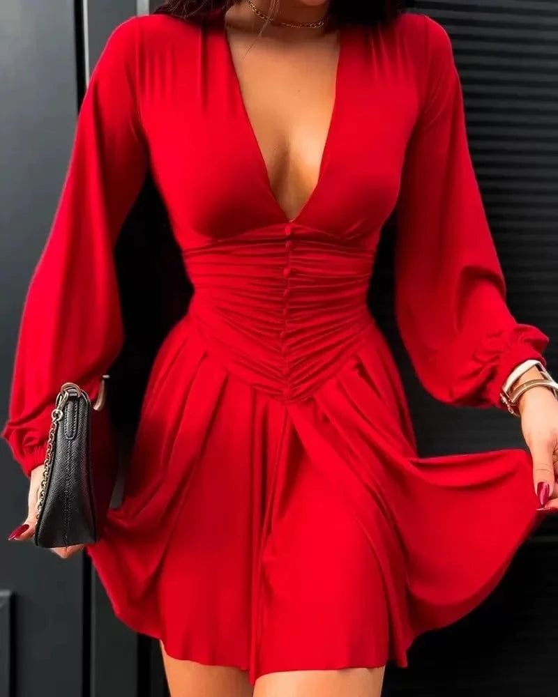 Women Elegant V-Neck Long Sleeve Pleated Dress 2025 Buttons Tunic Waist Sexy Evening Party Luxury Casual Short A Line Dresses
