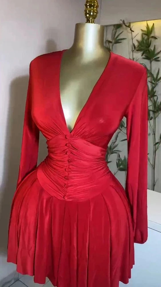 Women Elegant V-Neck Long Sleeve Pleated Dress 2025 Buttons Tunic Waist Sexy Evening Party Luxury Casual Short A Line Dresses
