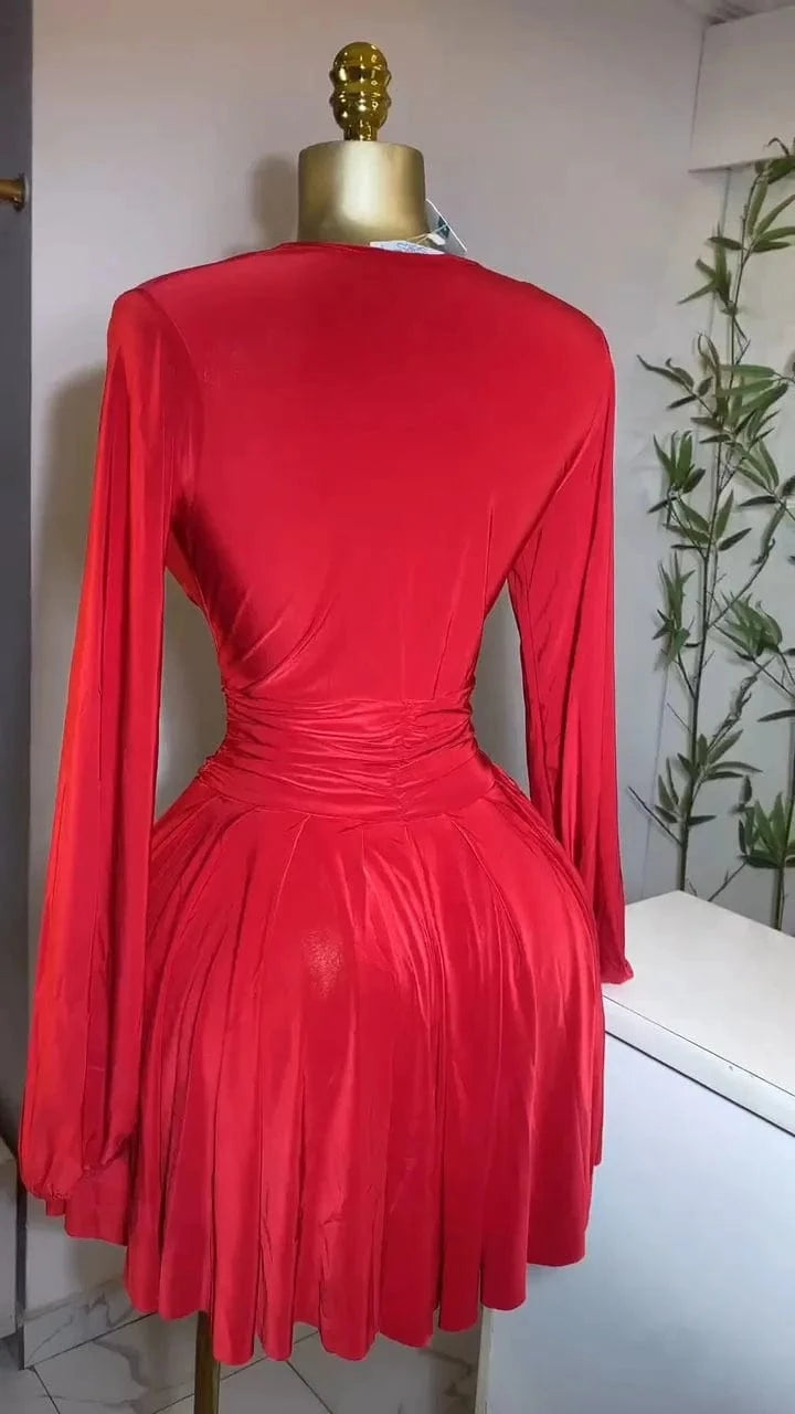 Women Elegant V-Neck Long Sleeve Pleated Dress 2025 Buttons Tunic Waist Sexy Evening Party Luxury Casual Short A Line Dresses