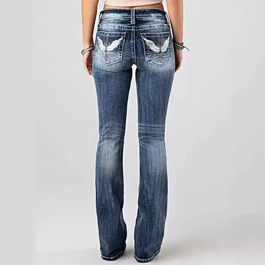 Women Embroidery Pockets Distressed Jeans Mid Waist Stretch Slim Fit Pants Vintage Denim Trousers Autumn Female Streetwear