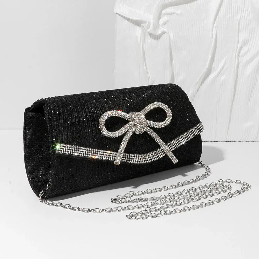 Women Evening Bag Bow Shoulder Bag Glitter Rhinestone Hobo Bag Adjustable Strap Wedding Party Purse
