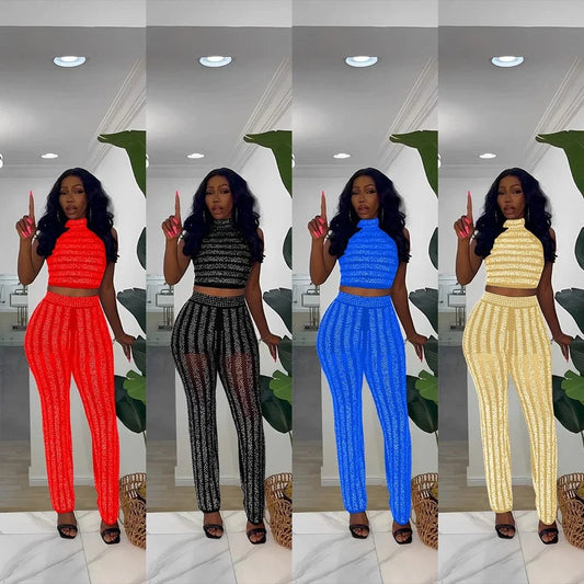 Women Fall Clothes Hot Drill 2 Piece Set Casual Turtleneck Two Piece Pants Set Cropped Sleeveless Women Clothing