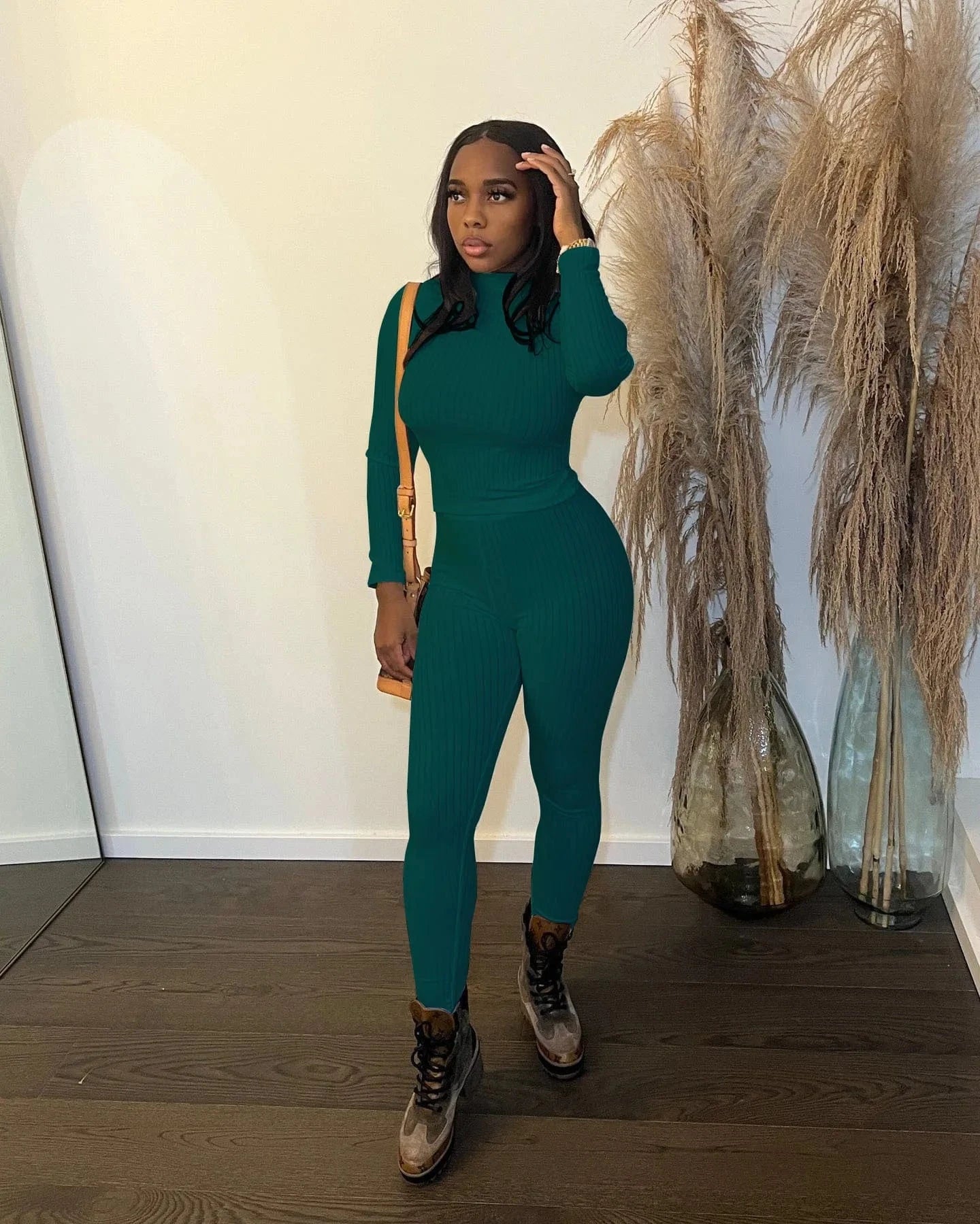 Women Fall Clothes Ribbed 2 Piece Set Casual Turtleneck Two Piece Pants Set Solid Winter Women Clothing