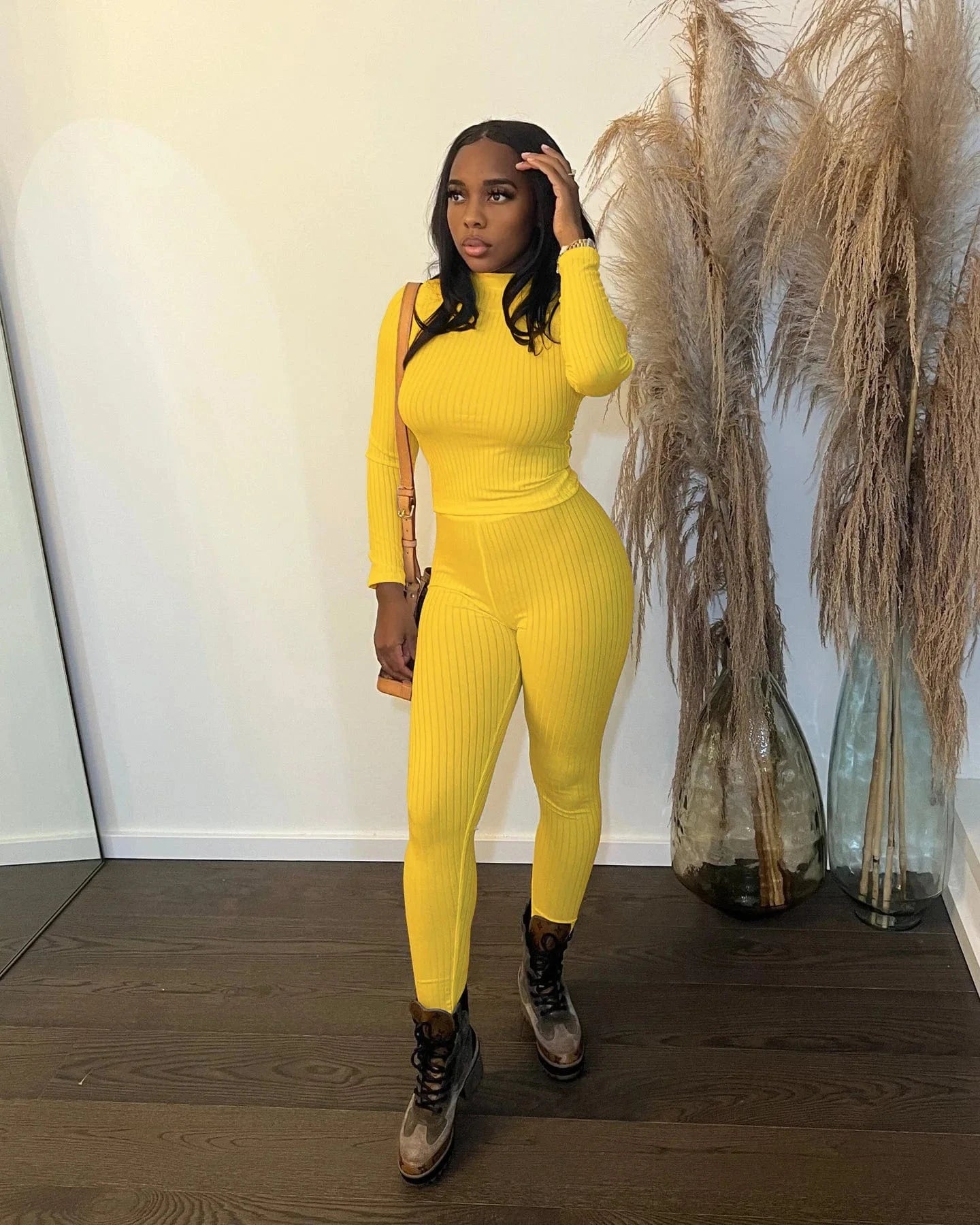 Women Fall Clothes Ribbed 2 Piece Set Casual Turtleneck Two Piece Pants Set Solid Winter Women Clothing