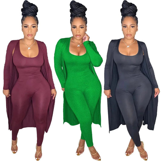 Women Fashion Fall Winter Clothing 2024 Casual Solid Color Jumpsuits 2 Piece Set Sexy Sleeveless Skinny Jumpsuit Lady Outfit