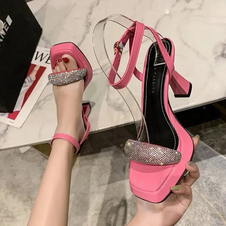 Women Fashion High Heels Shoes Women Dress Shoes Solid Color Block Heel Rhinestone High Heel Sandals