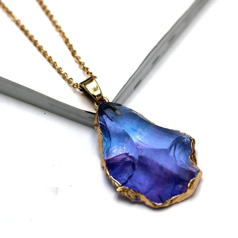 Women Fashion Natural Crystal Necklace Color Plating Gilt Edge Earrings Pendant Purple Agate Slice Cerulean Pendant DIY Jewelry