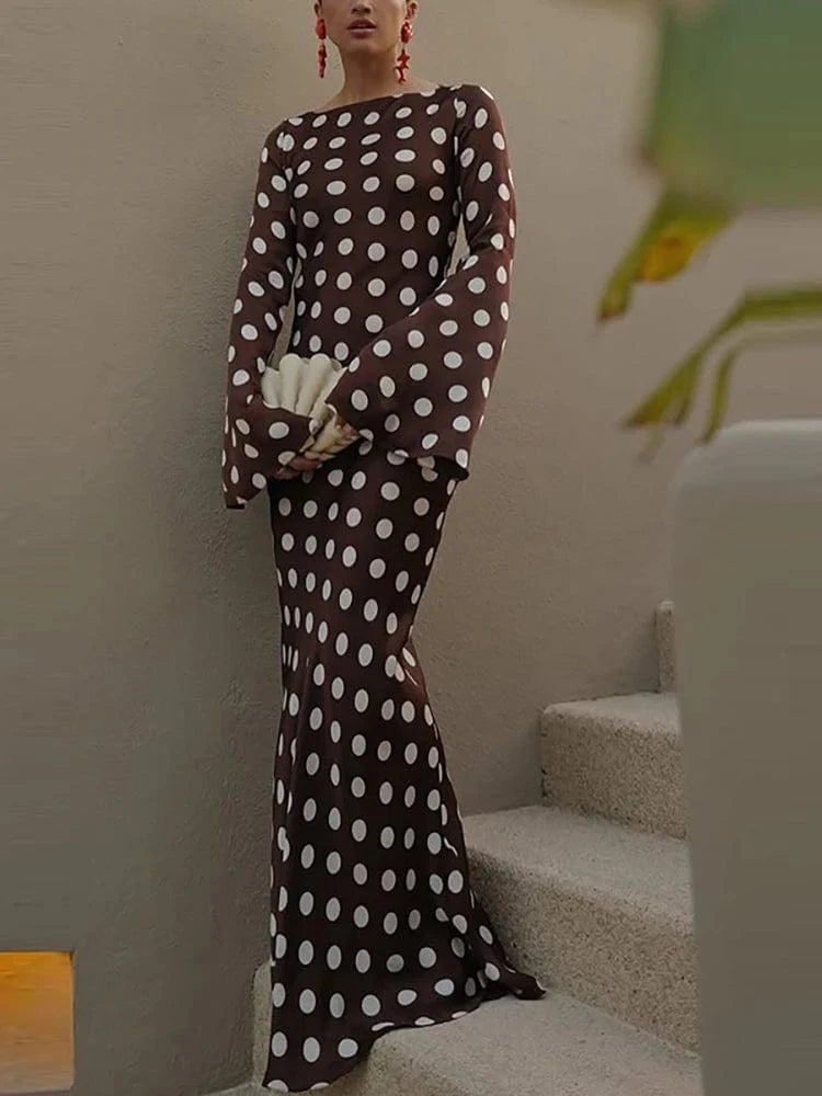 Women Fashion O-neck Flared Sleeve Evening Dress Spring Elegant Hight Waist Slim Long Dress Autumn Polka Dot Print Party Dress