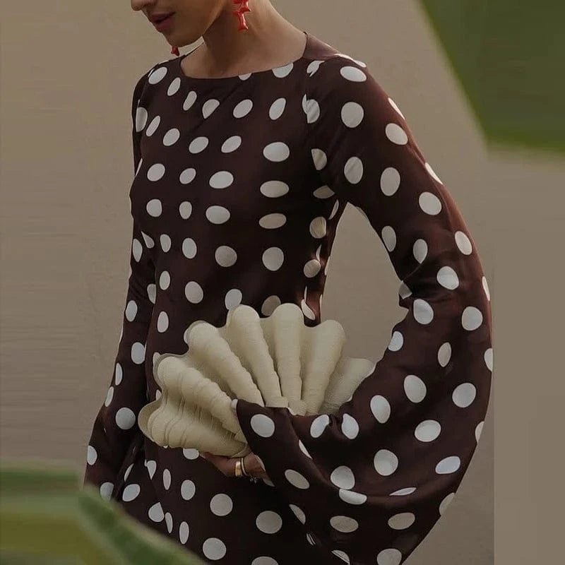 Women Fashion O-neck Flared Sleeve Evening Dress Spring Elegant Hight Waist Slim Long Dress Autumn Polka Dot Print Party Dress