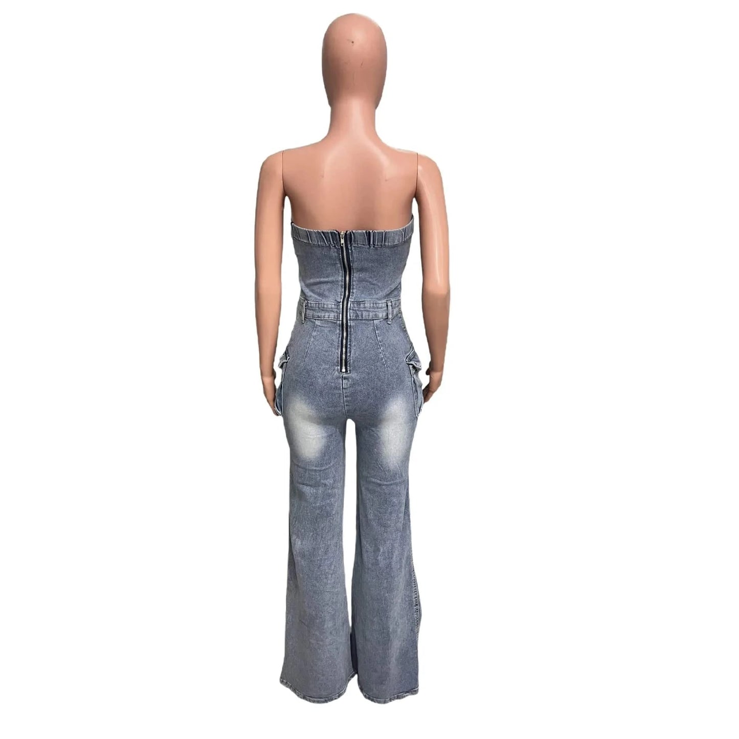 Women Fashion Overall Street Style Stretchy Blue Denim Strapless 2024 Loose Ripped One Piece Jean Cargo Jumpsuit