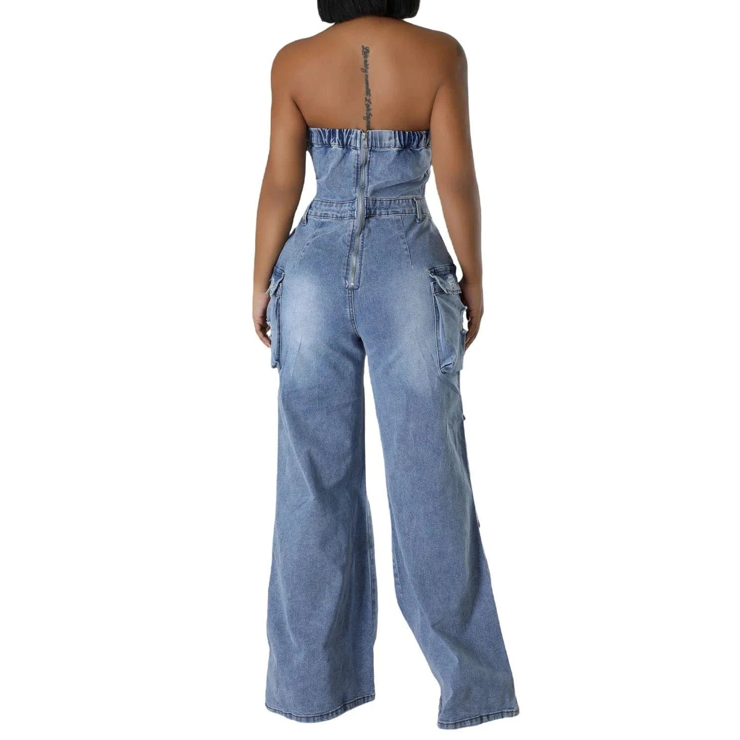 Women Fashion Overall Street Style Stretchy Blue Denim Strapless 2024 Loose Ripped One Piece Jean Cargo Jumpsuit
